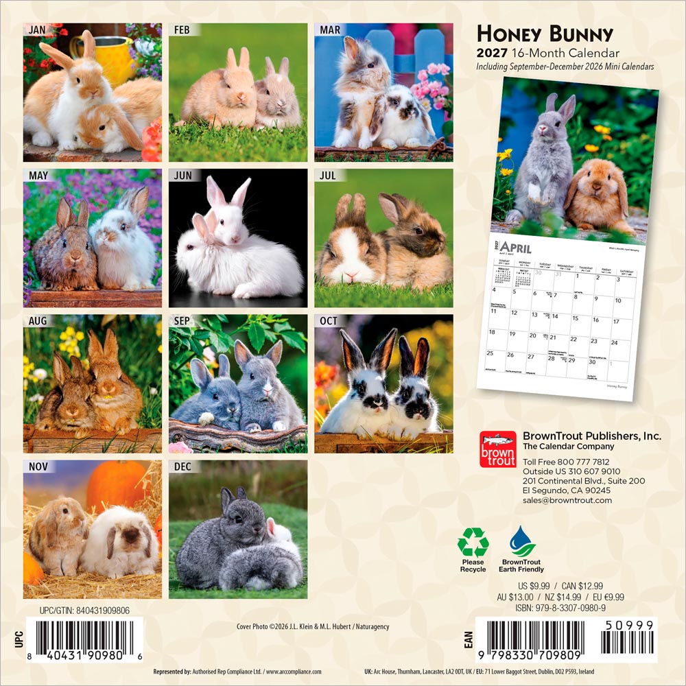 Honey Bunny | 2027 7 x 14 Inch (Hanging) Monthly Mini Wall Calendar