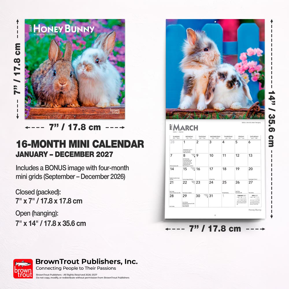 Honey Bunny | 2027 7 x 14 Inch (Hanging) Monthly Mini Wall Calendar
