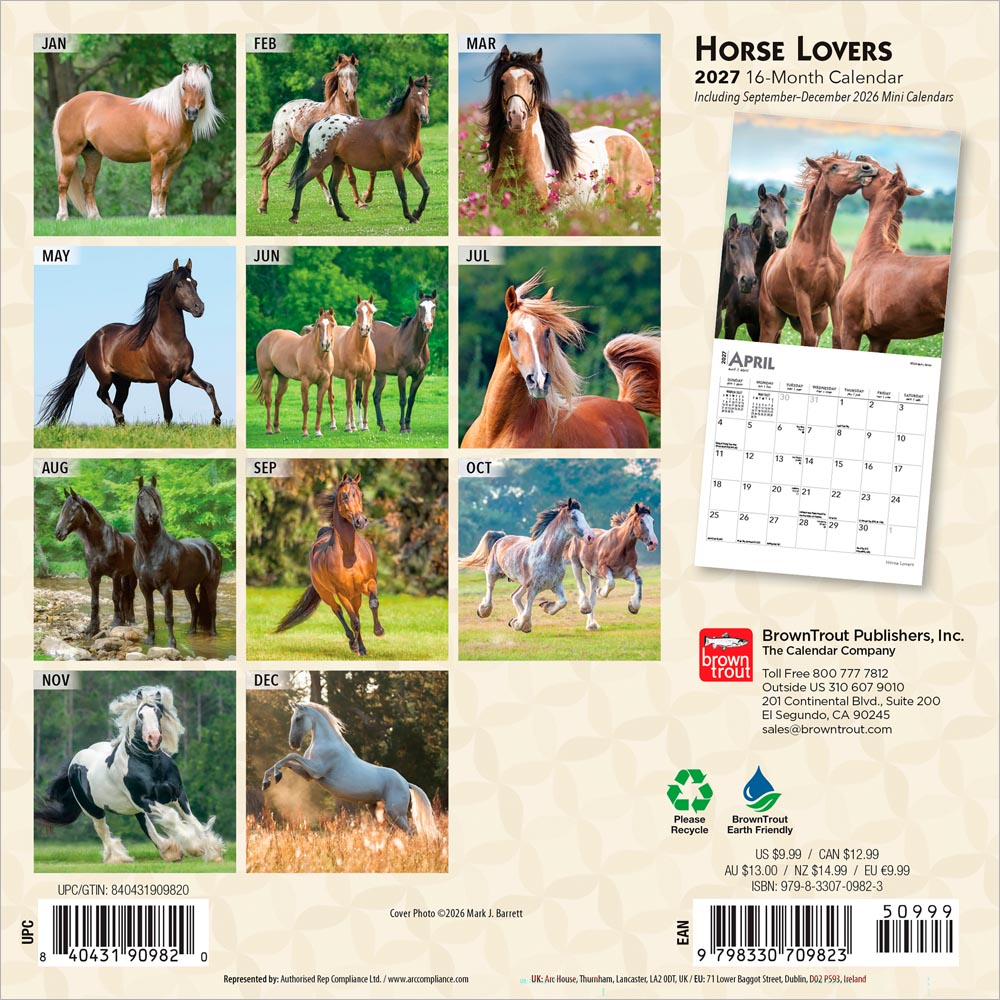 Horse Lovers | 2027 7 x 14 Inch (Hanging) Monthly Mini Wall Calendar