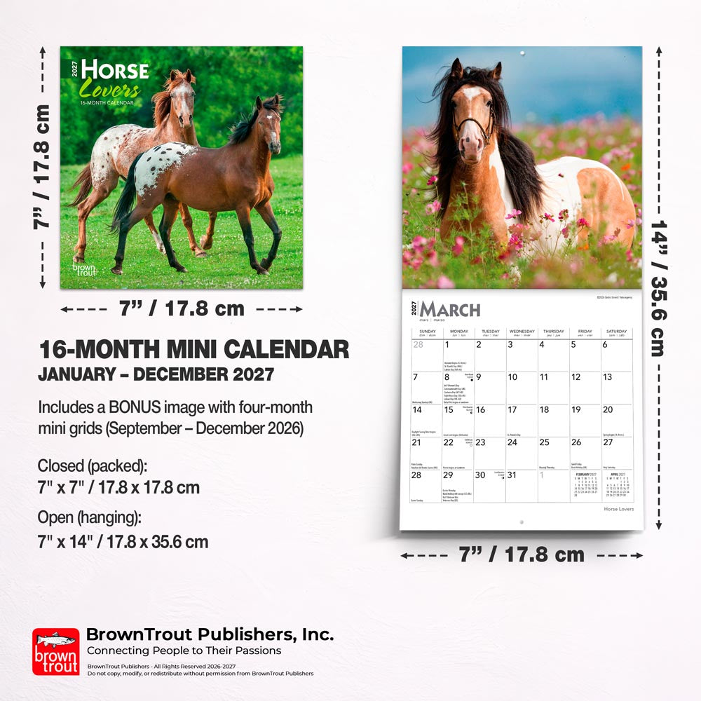 Horse Lovers | 2027 7 x 14 Inch (Hanging) Monthly Mini Wall Calendar