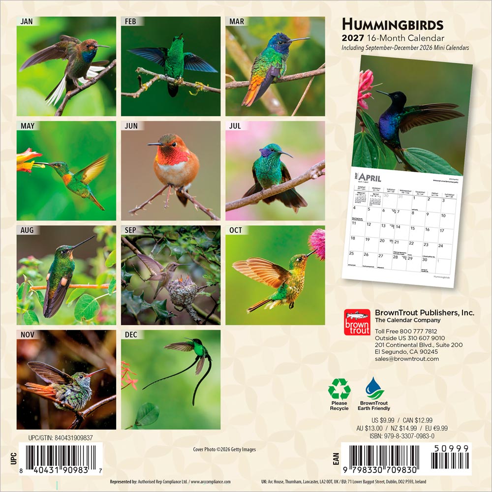Hummingbirds | 2027 7 x 14 Inch (Hanging) Monthly Mini Wall Calendar
