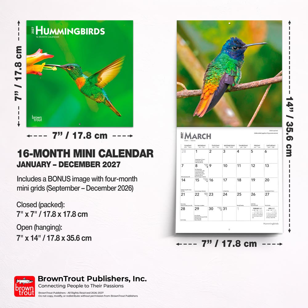 Hummingbirds | 2027 7 x 14 Inch (Hanging) Monthly Mini Wall Calendar