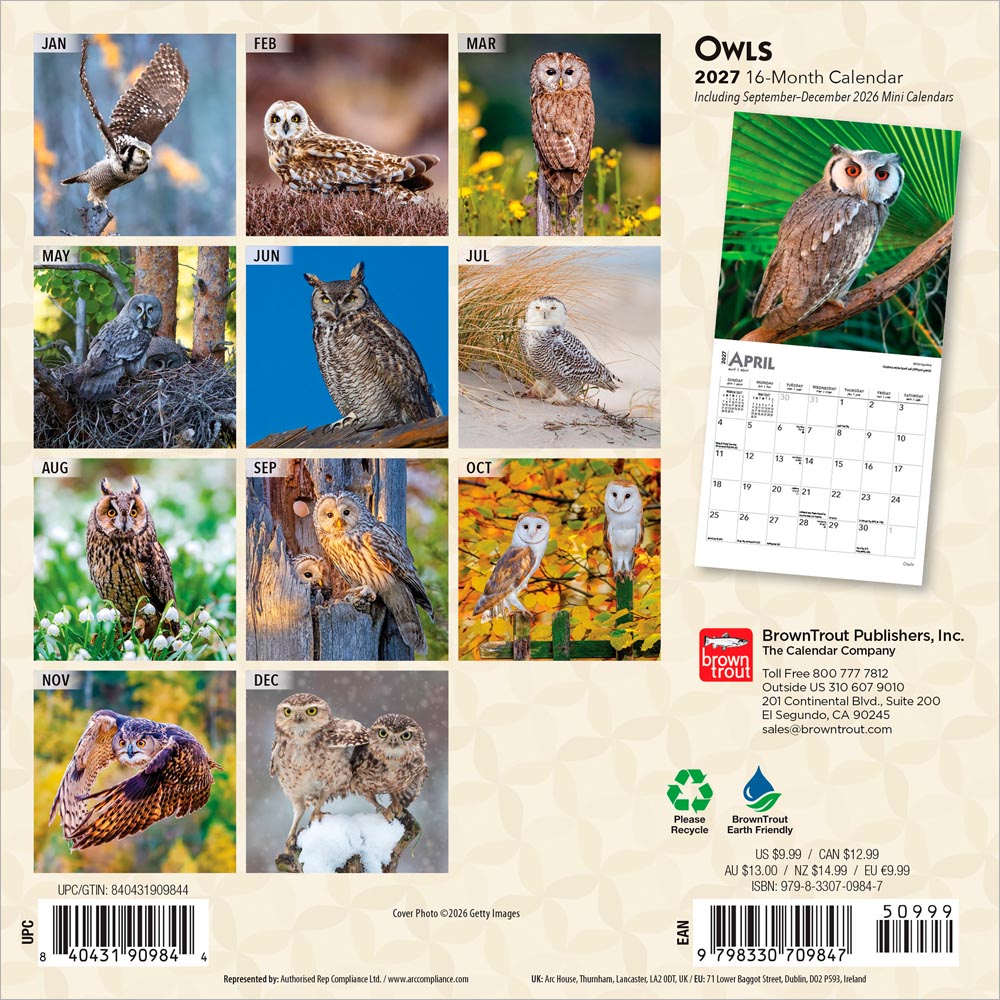 Owls | 2027 7 x 14 Inch (Hanging) Monthly Mini Wall Calendar