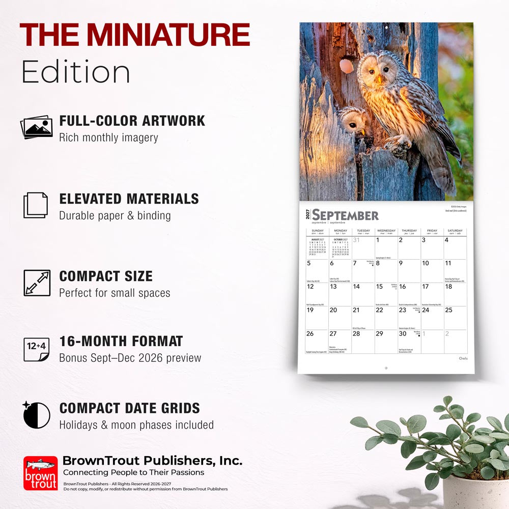 Owls | 2027 7 x 14 Inch (Hanging) Monthly Mini Wall Calendar