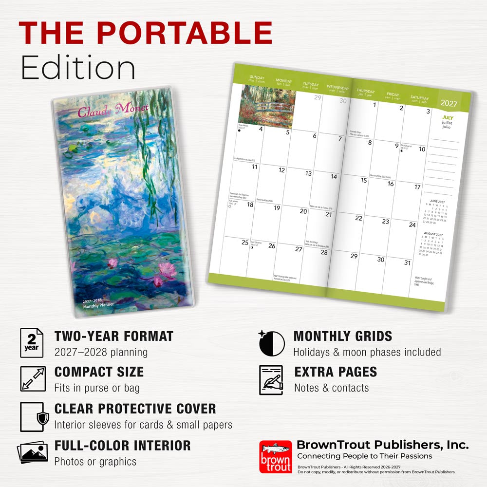 Claude Monet | 2027-2028 3.5 x 6.5 Inch Two Year Monthly Pocket Planner Calendar | Foil Stamped Cover