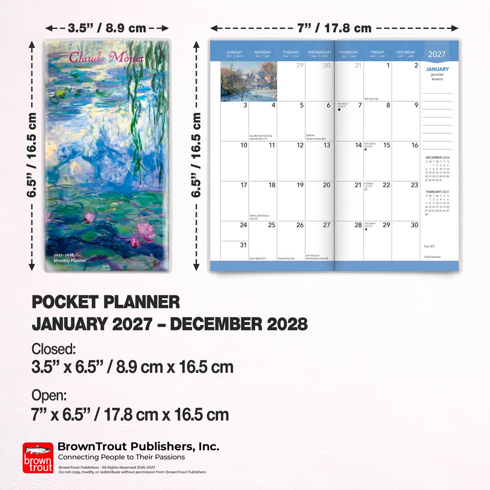 Claude Monet | 2027-2028 3.5 x 6.5 Inch Two Year Monthly Pocket Planner Calendar | Foil Stamped Cover