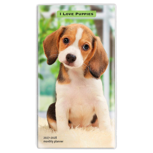 I Love Puppies | 2027-2028 3.5 x 6.5 Inch Two Year Monthly Pocket Planner Calendar