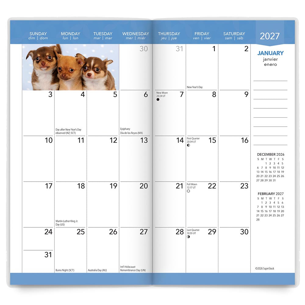 I Love Puppies | 2027-2028 3.5 x 6.5 Inch Two Year Monthly Pocket Planner Calendar