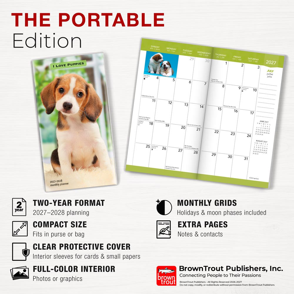 I Love Puppies | 2027-2028 3.5 x 6.5 Inch Two Year Monthly Pocket Planner Calendar