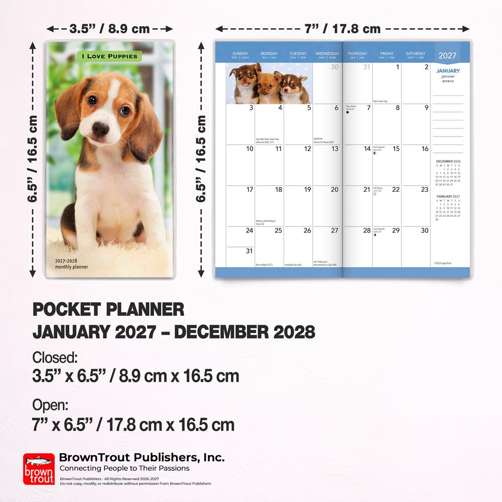 I Love Puppies | 2027-2028 3.5 x 6.5 Inch Two Year Monthly Pocket Planner Calendar