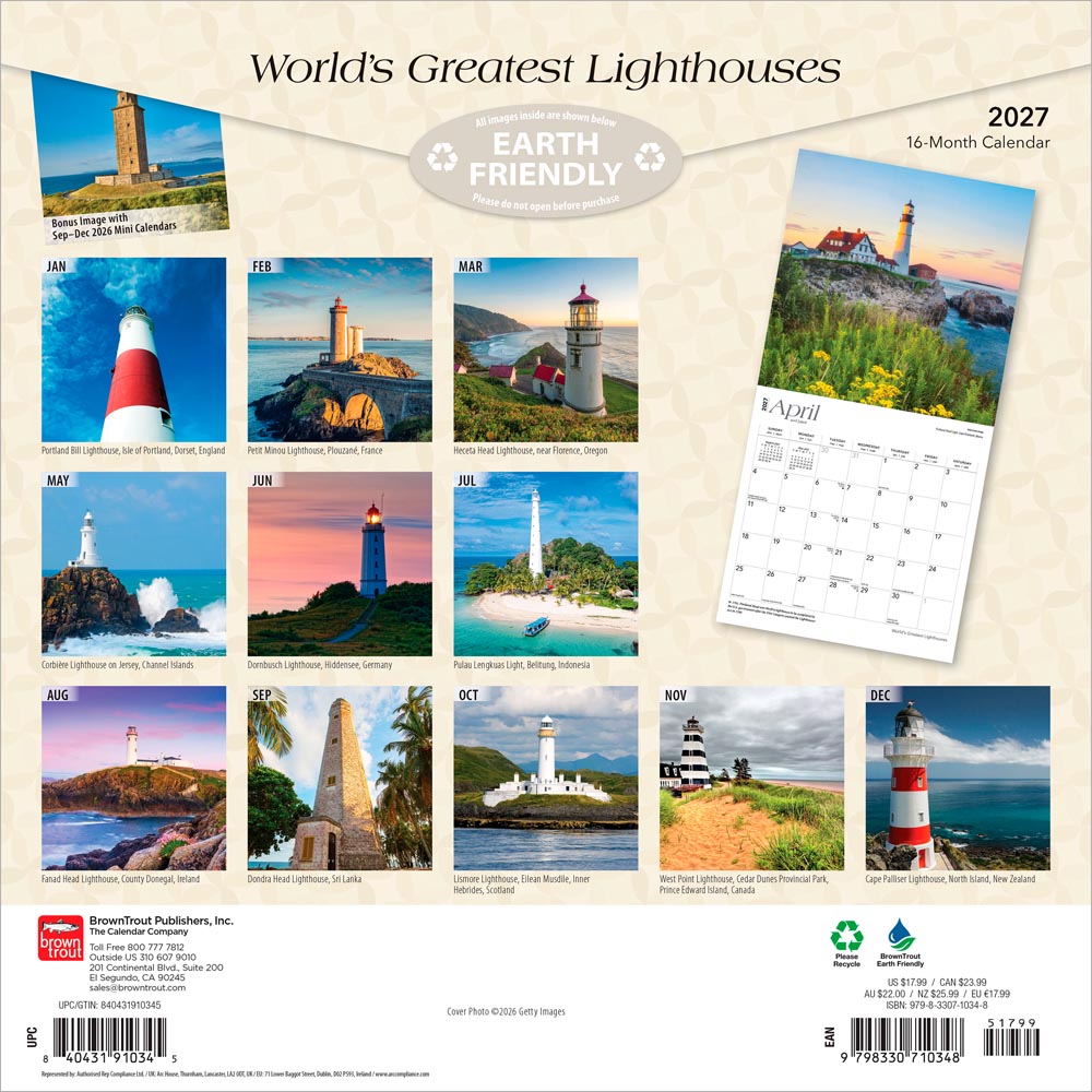World's Greatest Lighthouses | 2027 12 x 24 Inch (Hanging) Monthly Square Wall Calendar | Foil Stamped Cover