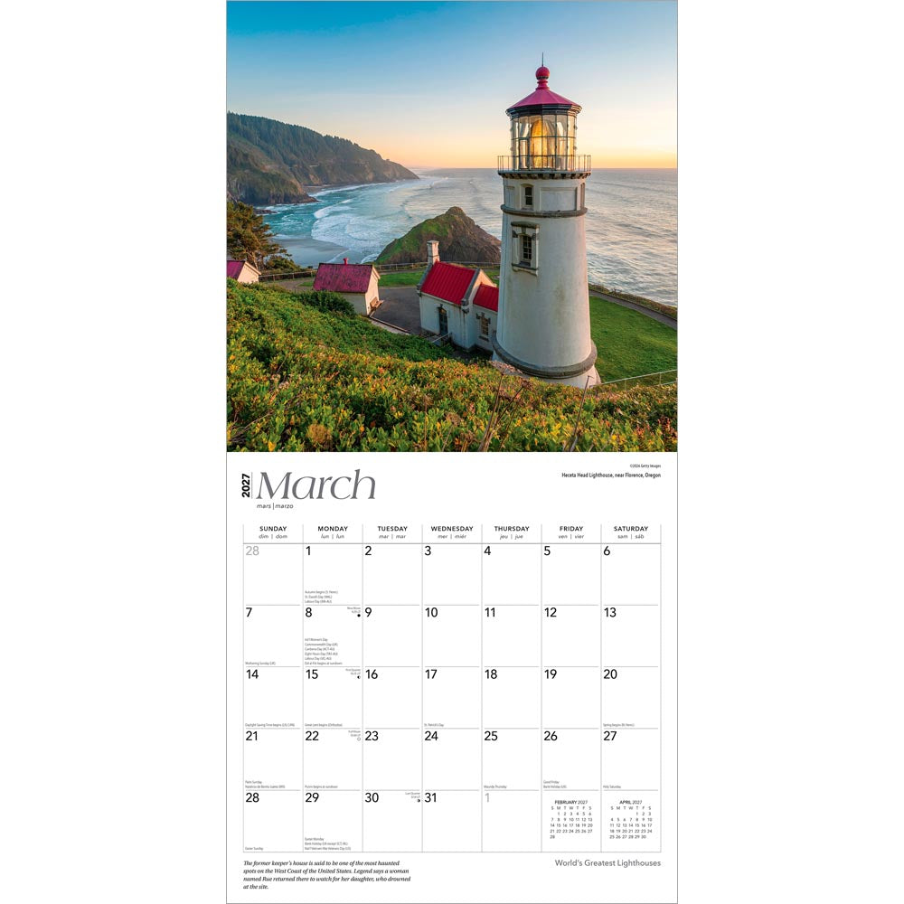 World's Greatest Lighthouses | 2027 12 x 24 Inch (Hanging) Monthly Square Wall Calendar | Foil Stamped Cover