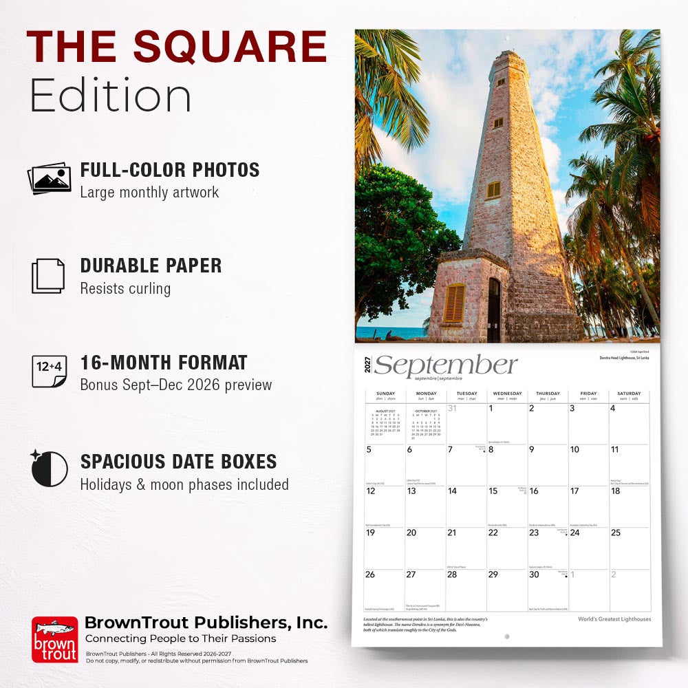 World's Greatest Lighthouses | 2027 12 x 24 Inch (Hanging) Monthly Square Wall Calendar | Foil Stamped Cover