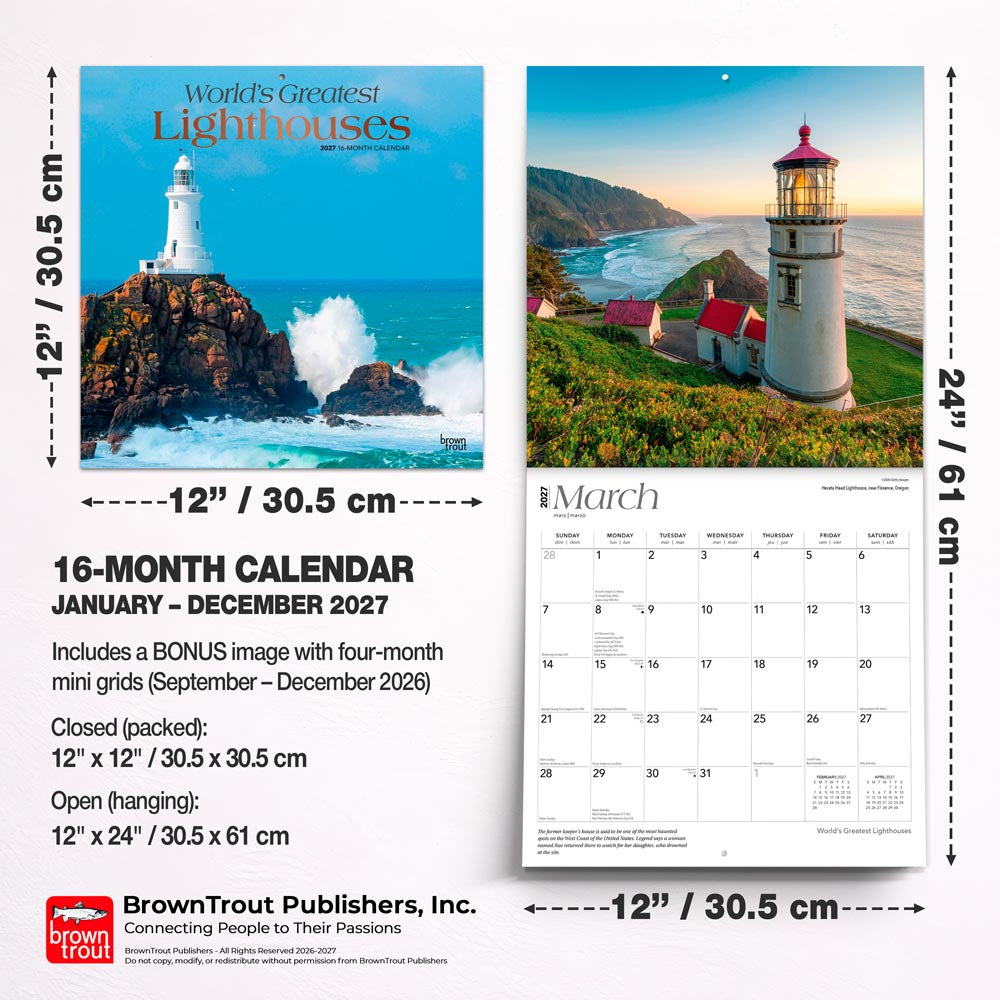 World's Greatest Lighthouses | 2027 12 x 24 Inch (Hanging) Monthly Square Wall Calendar | Foil Stamped Cover