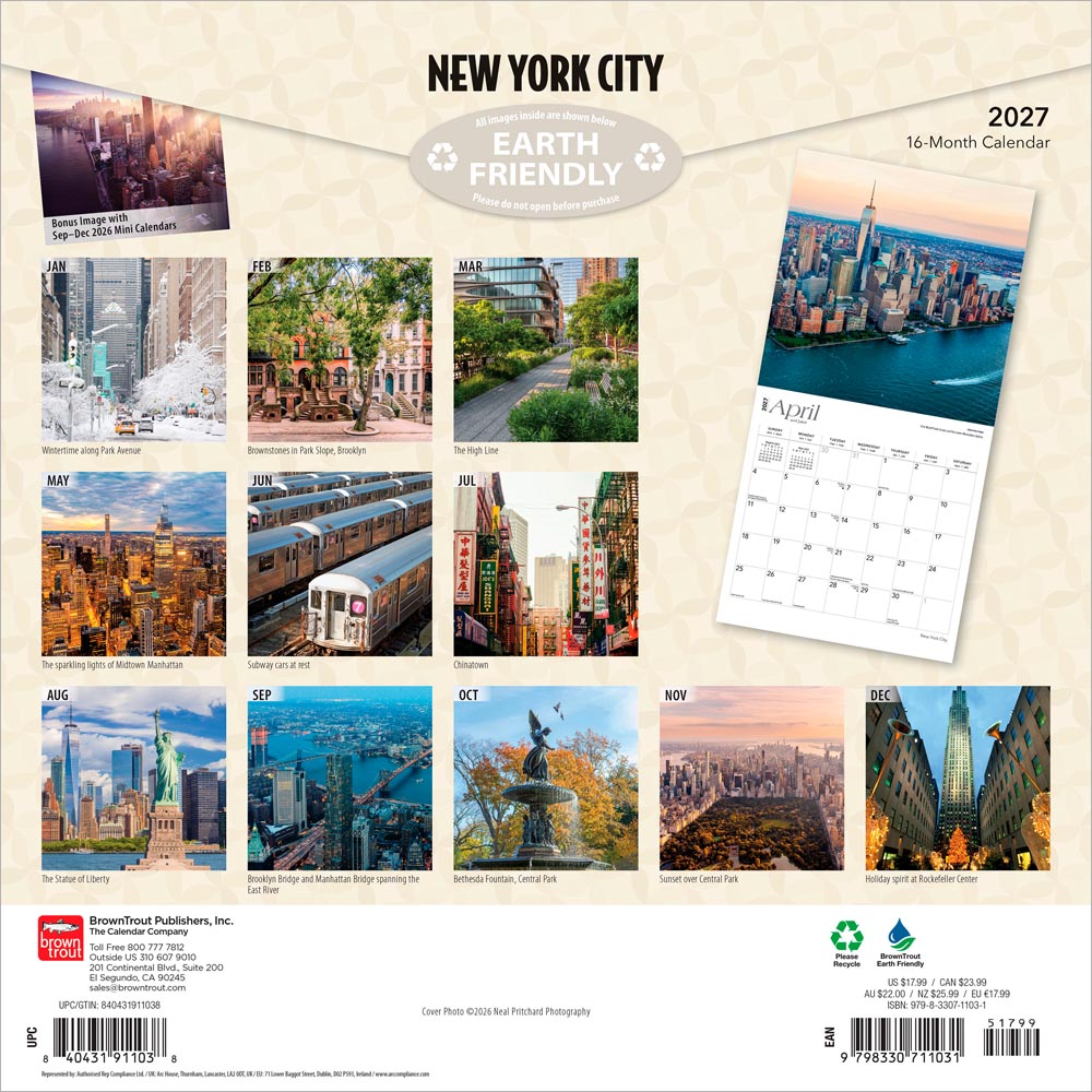 New York City | 2027 12 x 24 Inch (Hanging) Monthly Square Wall Calendar | Foil Stamped Cover