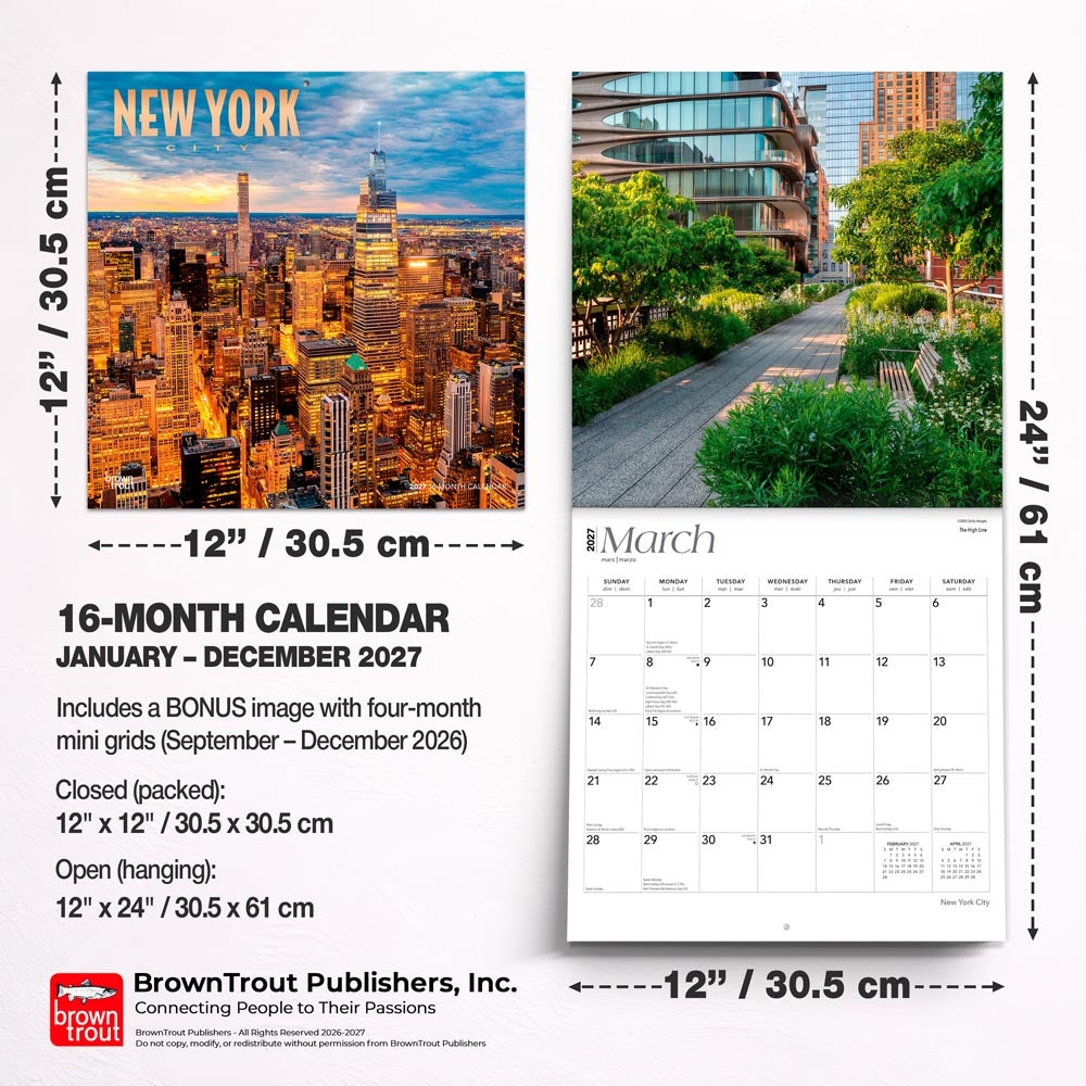 New York City | 2027 12 x 24 Inch (Hanging) Monthly Square Wall Calendar | Foil Stamped Cover
