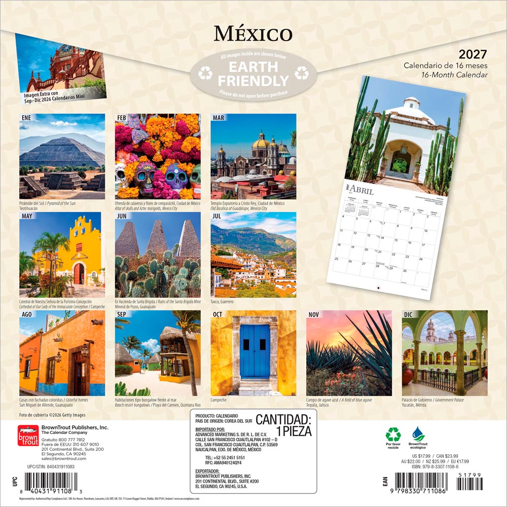 Mexico | 2027 12 x 24 Inch (Hanging) Monthly Square Wall Calendar | English/Spanish Bilingual