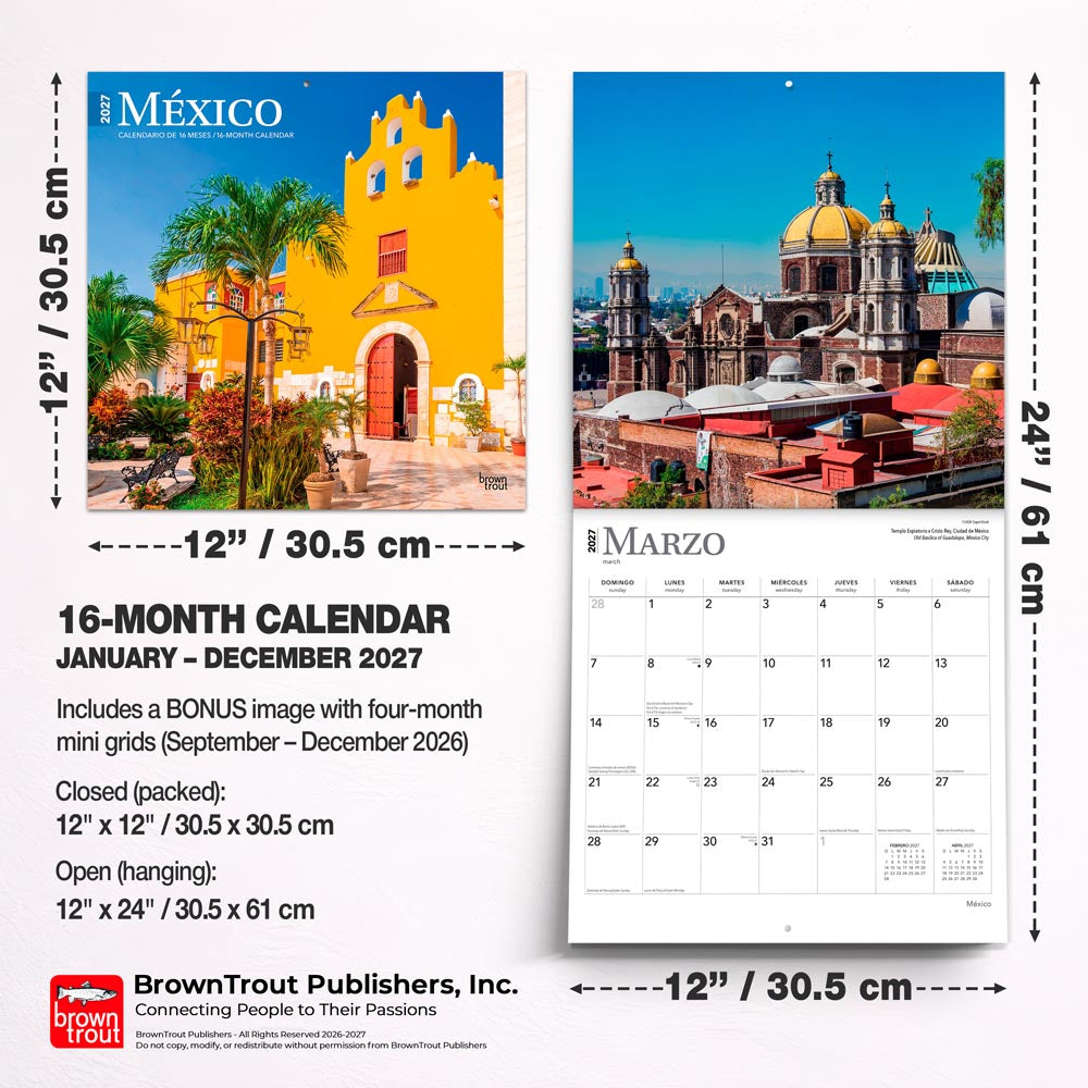 Mexico | 2027 12 x 24 Inch (Hanging) Monthly Square Wall Calendar | English/Spanish Bilingual