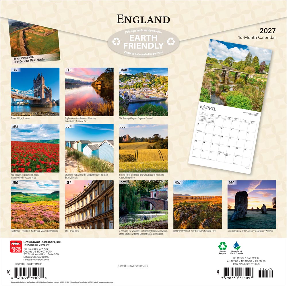 England | 2027 12 x 24 Inch (Hanging) Monthly Square Wall Calendar