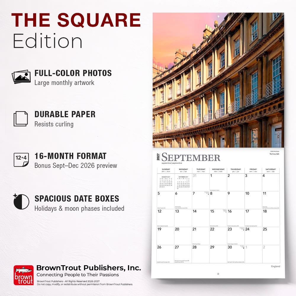 England | 2027 12 x 24 Inch (Hanging) Monthly Square Wall Calendar