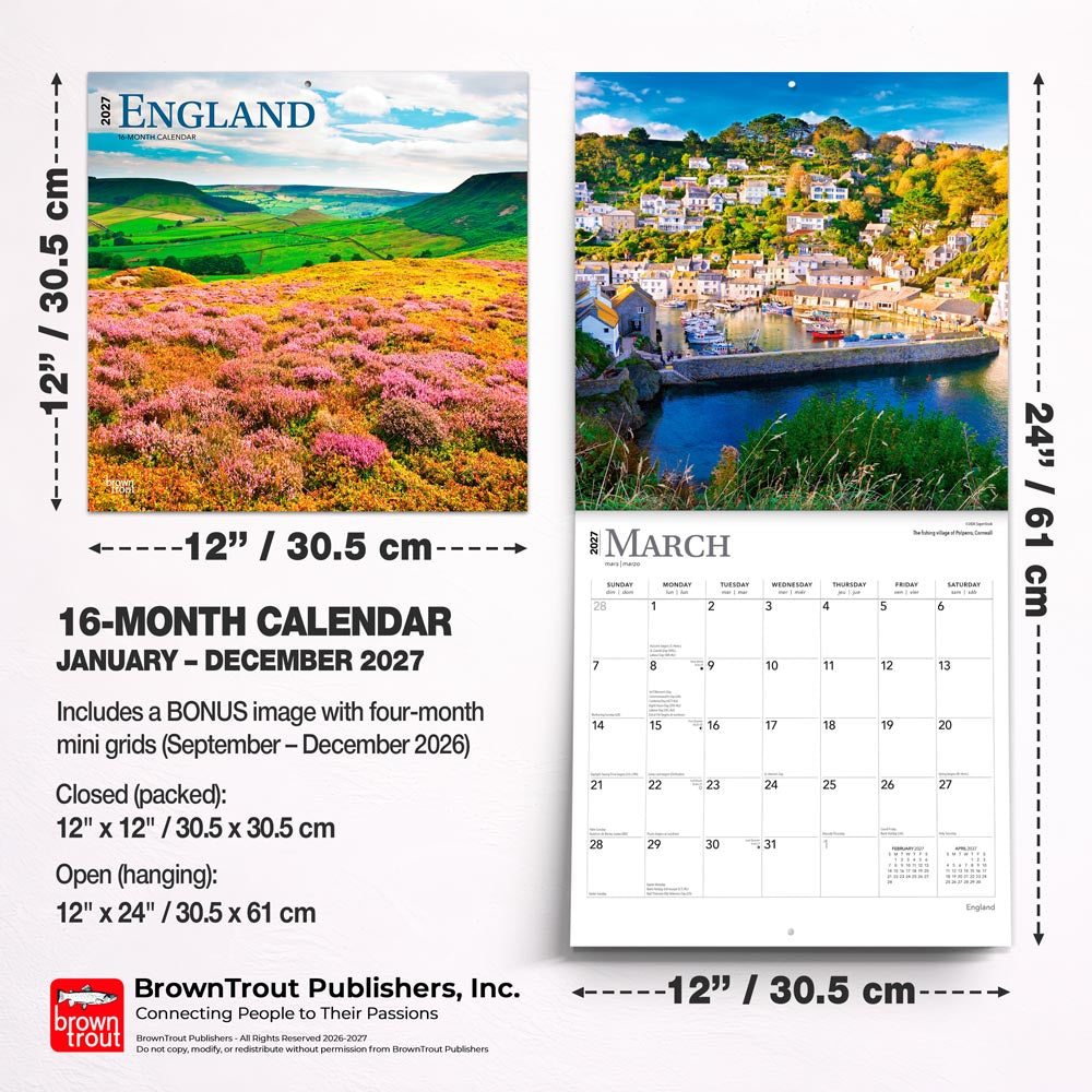 England | 2027 12 x 24 Inch (Hanging) Monthly Square Wall Calendar