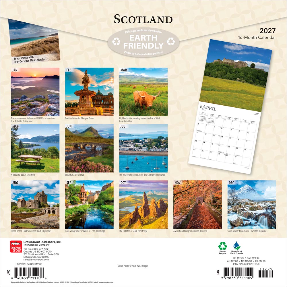 Scotland | 2027 12 x 24 Inch (Hanging) Monthly Square Wall Calendar
