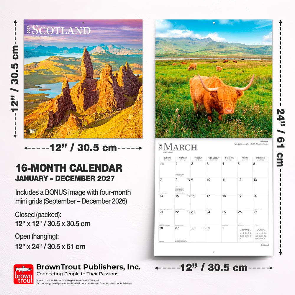 Scotland | 2027 12 x 24 Inch (Hanging) Monthly Square Wall Calendar
