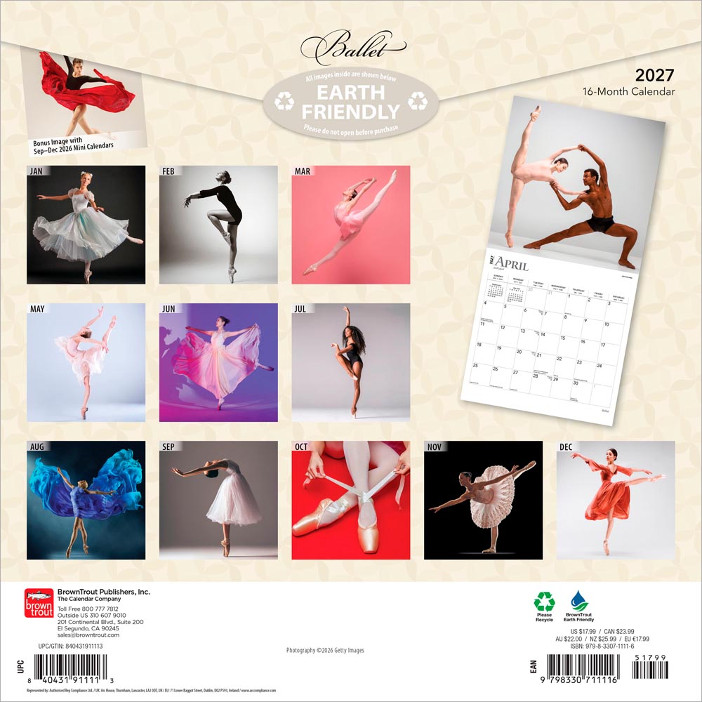 Ballet | 2027 12 x 24 Inch (Hanging) Monthly Square Wall Calendar | Foil Stamped Cover