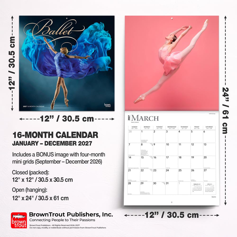 Ballet | 2027 12 x 24 Inch (Hanging) Monthly Square Wall Calendar | Foil Stamped Cover