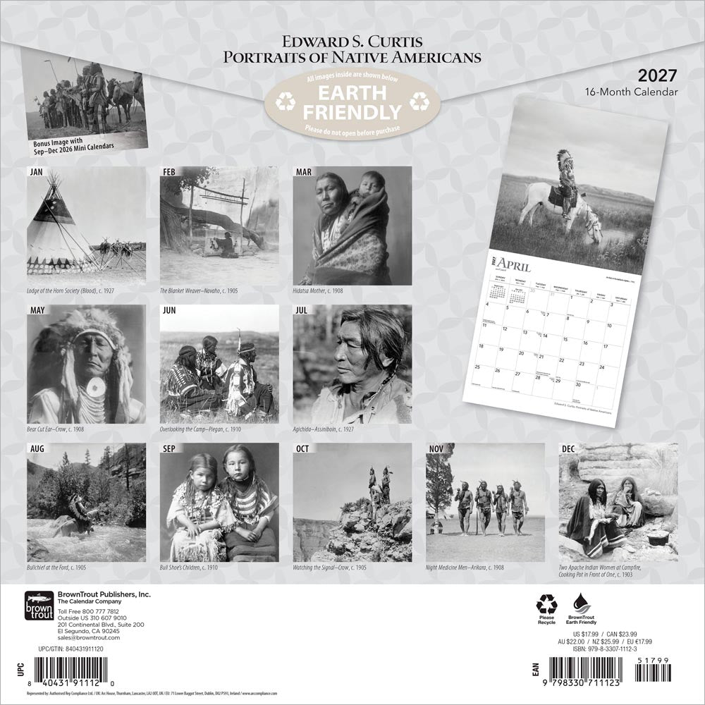 Edward S. Curtis Portraits of Native Americans | 2027 12 x 24 Inch (Hanging) Monthly Square Wall Calendar