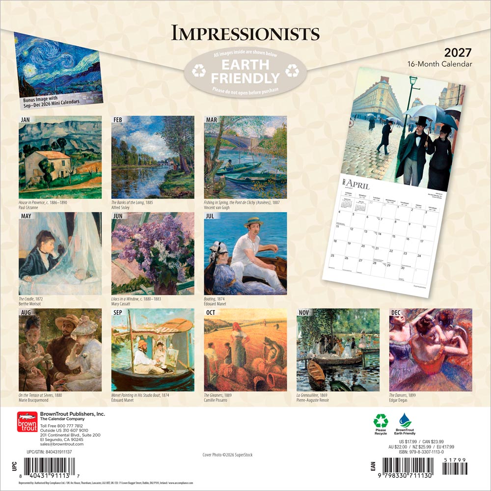 Impressionists | 2027 12 x 24 Inch (Hanging) Monthly Square Wall Calendar