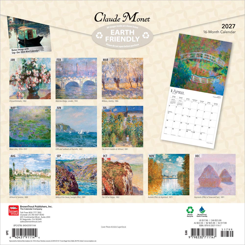 Claude Monet | 2027 12 x 24 Inch (Hanging) Monthly Square Wall Calendar | Foil Stamped Cover