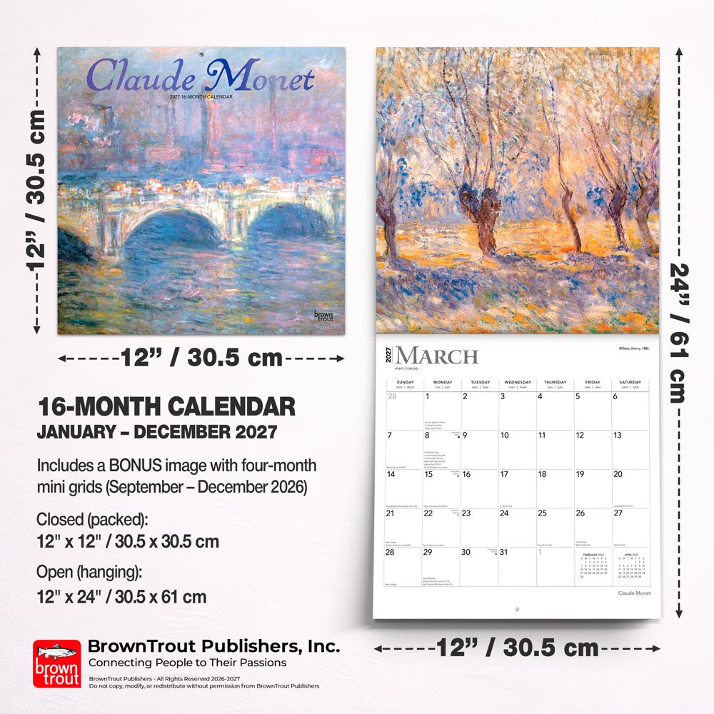 Claude Monet | 2027 12 x 24 Inch (Hanging) Monthly Square Wall Calendar | Foil Stamped Cover
