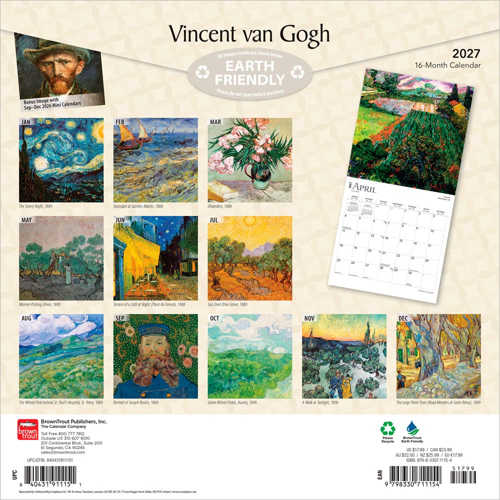 Vincent van Gogh | 2027 12 x 24 Inch (Hanging) Monthly Square Wall Calendar
