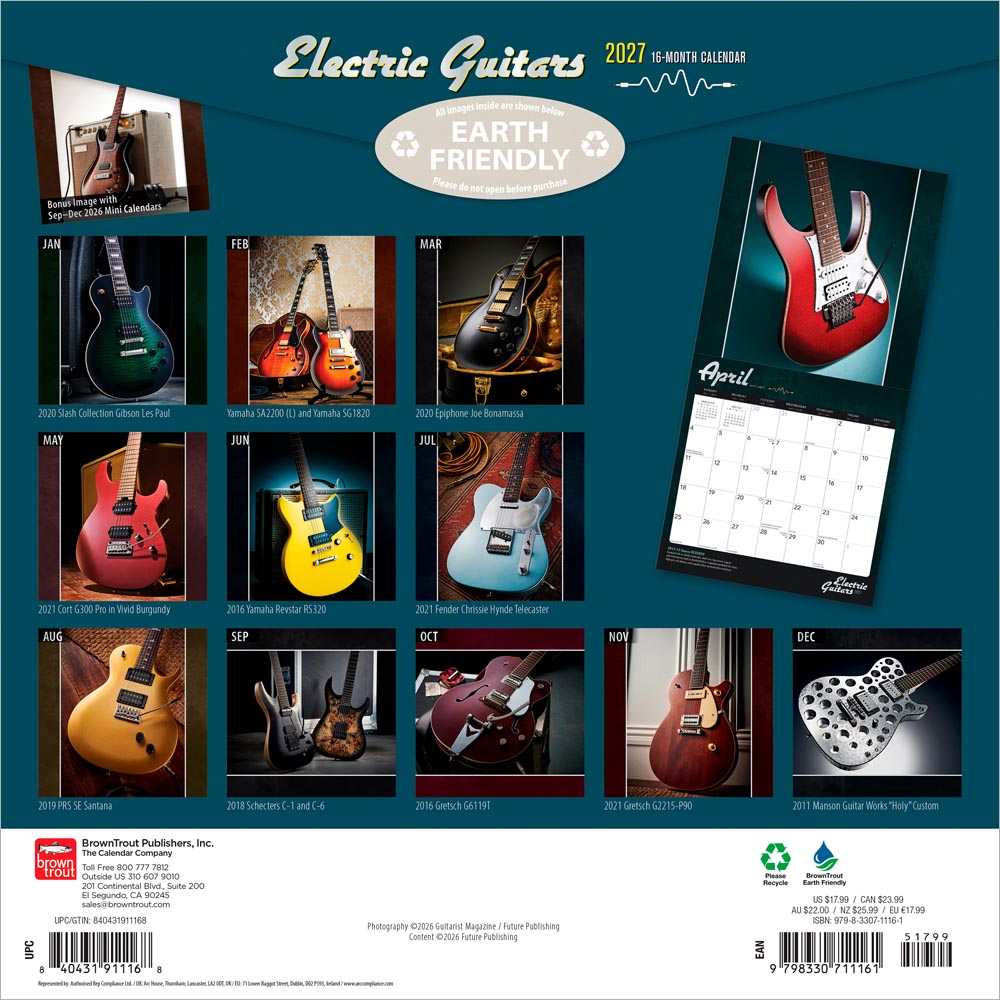 Electric Guitars | 2027 12 x 24 Inch (Hanging) Monthly Square Wall Calendar | Foil Stamped Cover