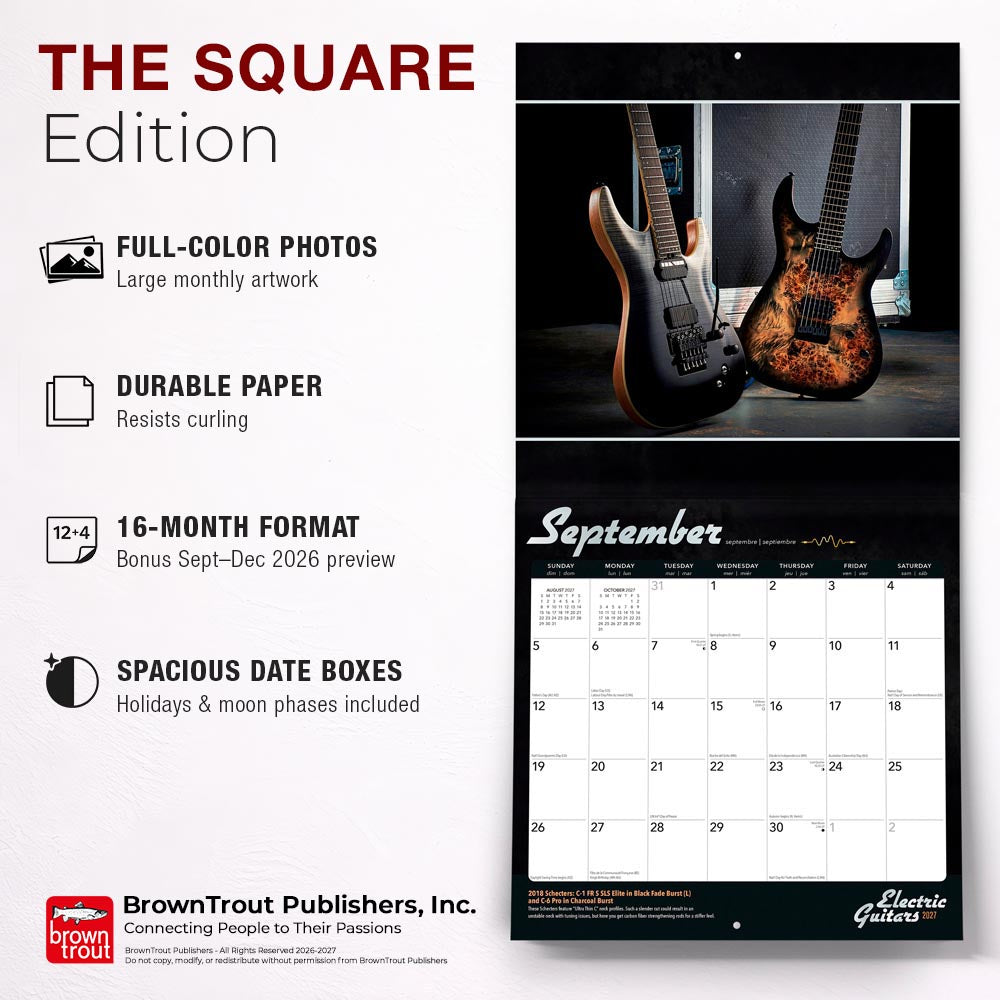 Electric Guitars | 2027 12 x 24 Inch (Hanging) Monthly Square Wall Calendar | Foil Stamped Cover