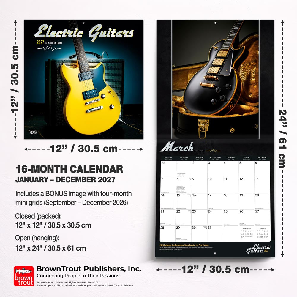Electric Guitars | 2027 12 x 24 Inch (Hanging) Monthly Square Wall Calendar | Foil Stamped Cover