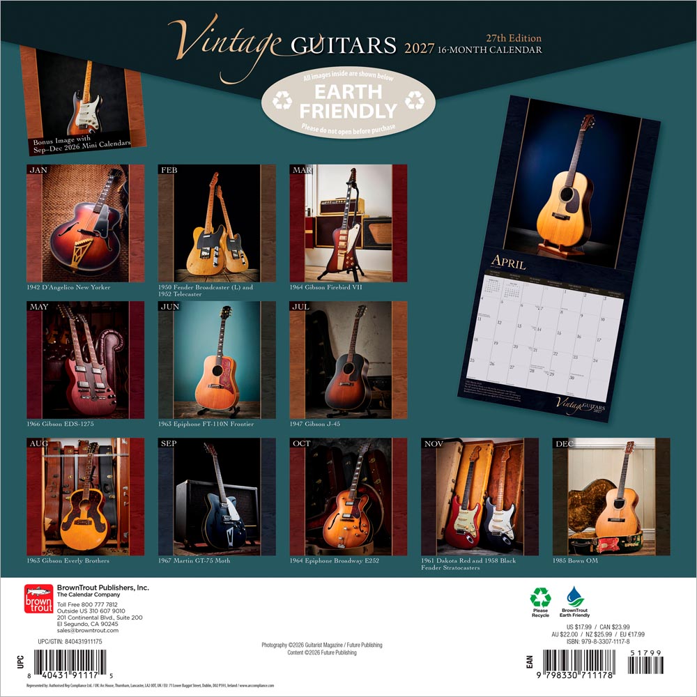 Vintage Guitars | 2027 12 x 24 Inch (Hanging) Monthly Square Wall Calendar | Foil Stamped Cover