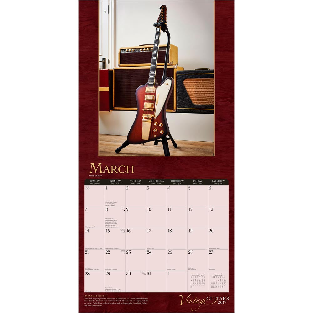 Vintage Guitars | 2027 12 x 24 Inch (Hanging) Monthly Square Wall Calendar | Foil Stamped Cover