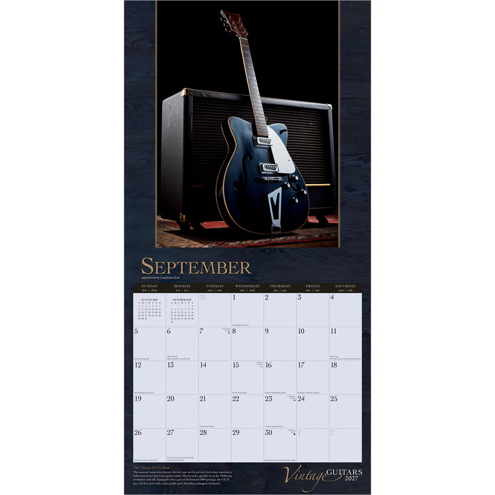 Vintage Guitars | 2027 12 x 24 Inch (Hanging) Monthly Square Wall Calendar | Foil Stamped Cover