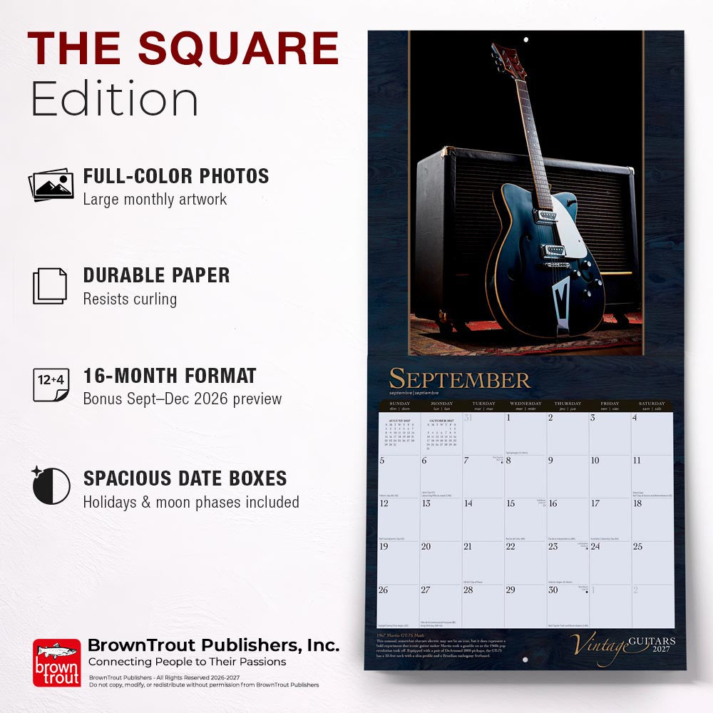 Vintage Guitars | 2027 12 x 24 Inch (Hanging) Monthly Square Wall Calendar | Foil Stamped Cover