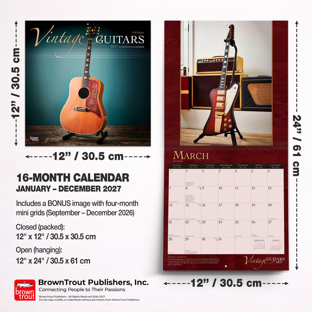 Vintage Guitars | 2027 12 x 24 Inch (Hanging) Monthly Square Wall Calendar | Foil Stamped Cover