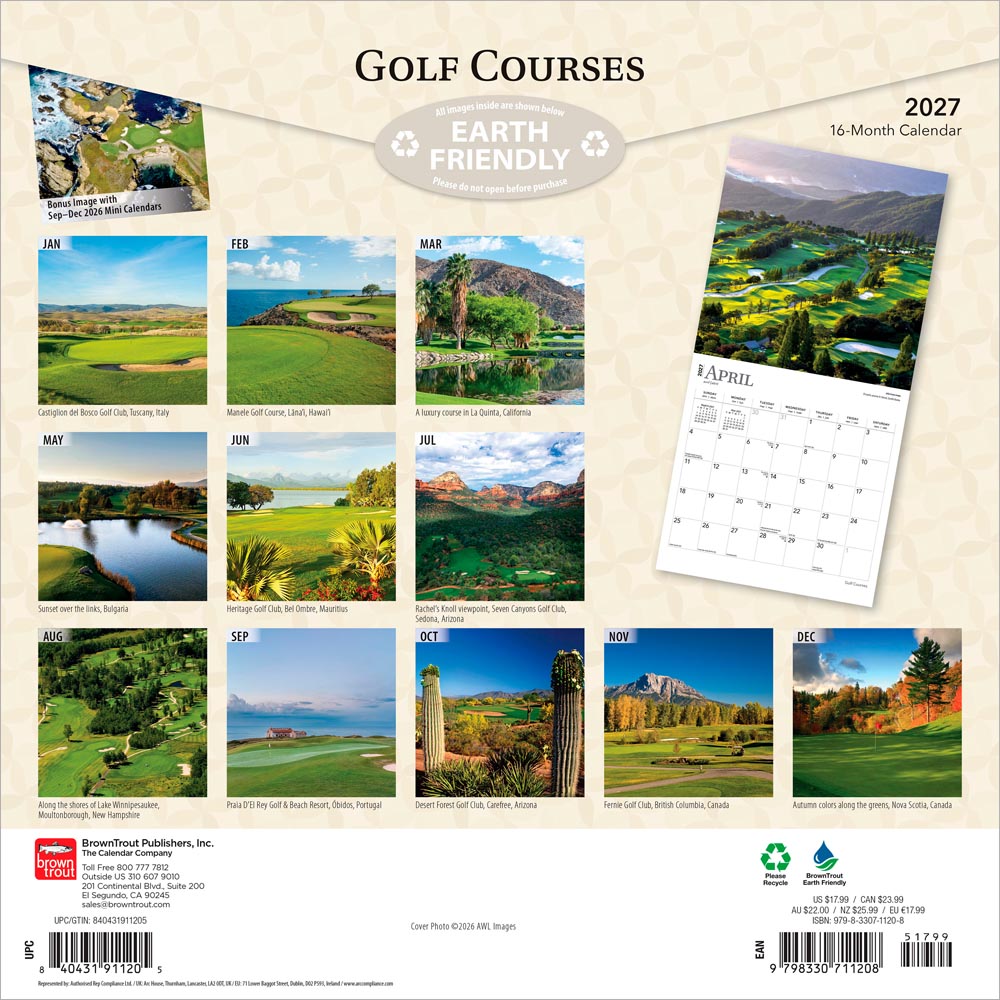 Golf Courses | 2027 12 x 24 Inch (Hanging) Monthly Square Wall Calendar