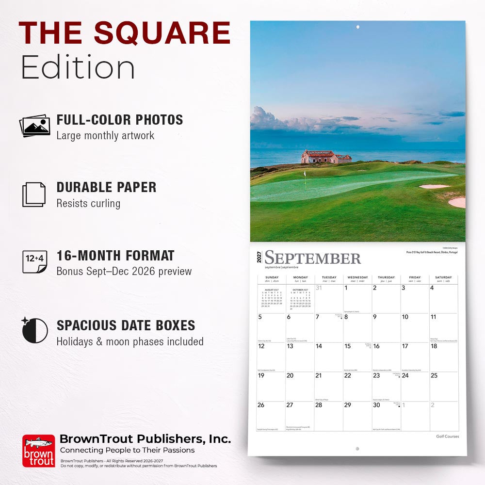 Golf Courses | 2027 12 x 24 Inch (Hanging) Monthly Square Wall Calendar