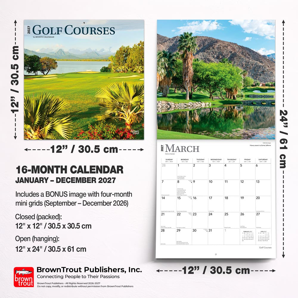 Golf Courses | 2027 12 x 24 Inch (Hanging) Monthly Square Wall Calendar
