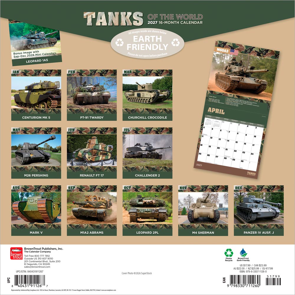 Tanks of the World | 2027 12 x 24 Inch (Hanging) Monthly Square Wall Calendar
