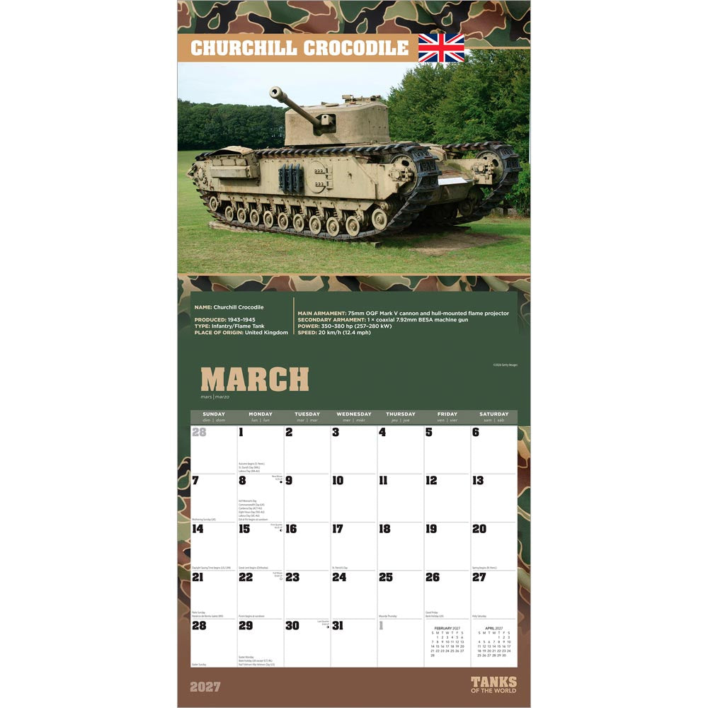Tanks of the World | 2027 12 x 24 Inch (Hanging) Monthly Square Wall Calendar
