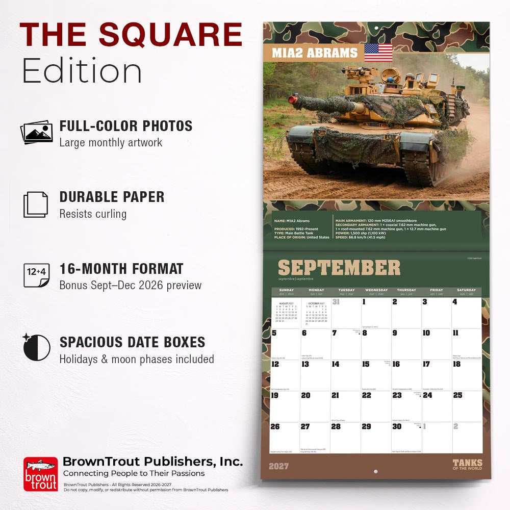 Tanks of the World | 2027 12 x 24 Inch (Hanging) Monthly Square Wall Calendar