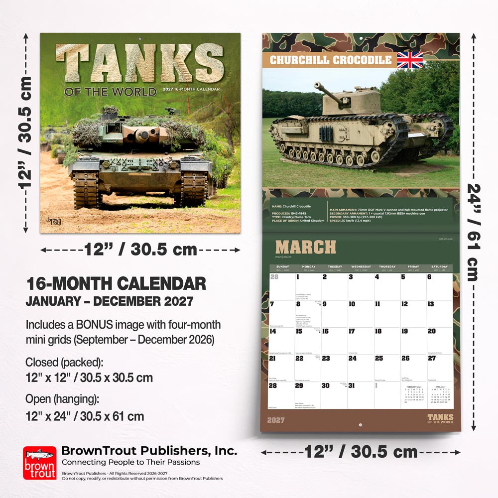 Tanks of the World | 2027 12 x 24 Inch (Hanging) Monthly Square Wall Calendar