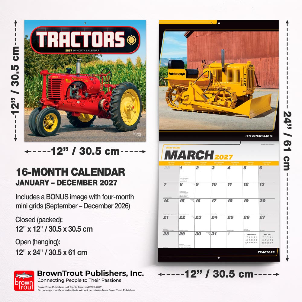Tractors | 2027 12 x 24 Inch (Hanging) Monthly Square Wall Calendar